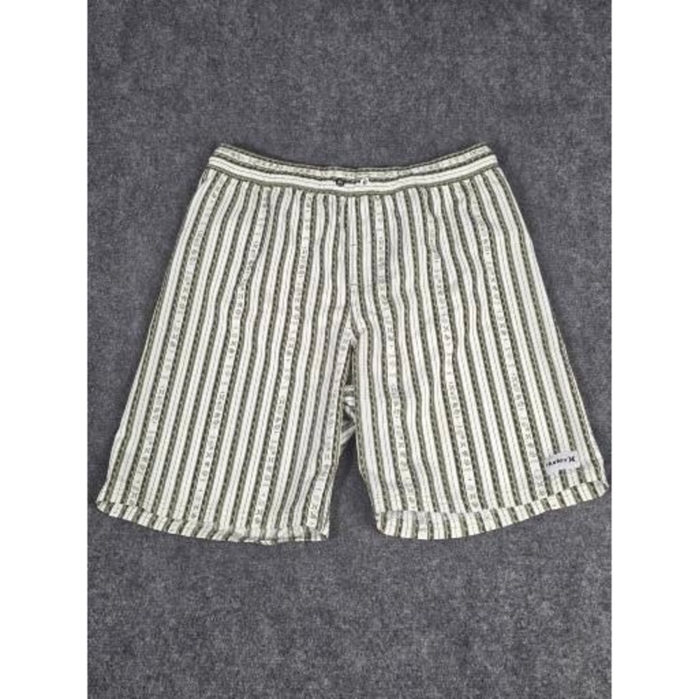 Hurley Mens XL Board Shorts Olive Green White Striped Tropical Swim Trunks Mesh